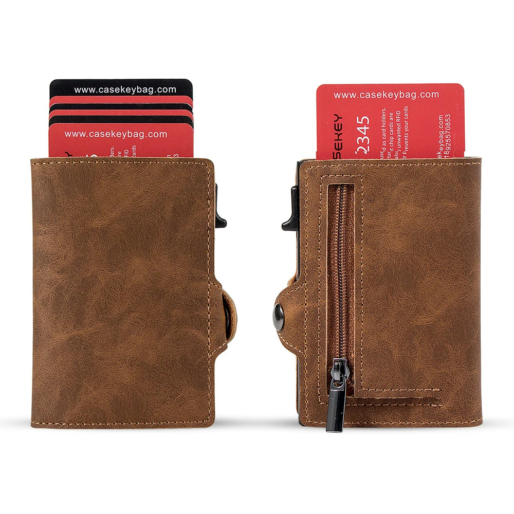 Men Card Holder Premium Vintage Leather Pop Up Cardholder Slim Minimalist Money Clip Smart Wallet with Coin Purse
