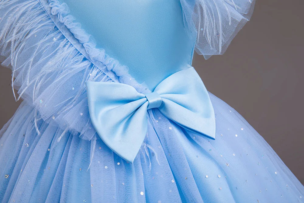 Summer Girls' New Bow Sequin Flying Sleeves Mesh Fluffy Skirt Piano Competition School Graduation Ceremony Dress