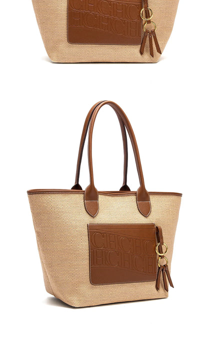 Beach Vacation Women's Tote Bag 2025 New Summer PP Grass Weaving Splicing Design Large Capacity Handbag