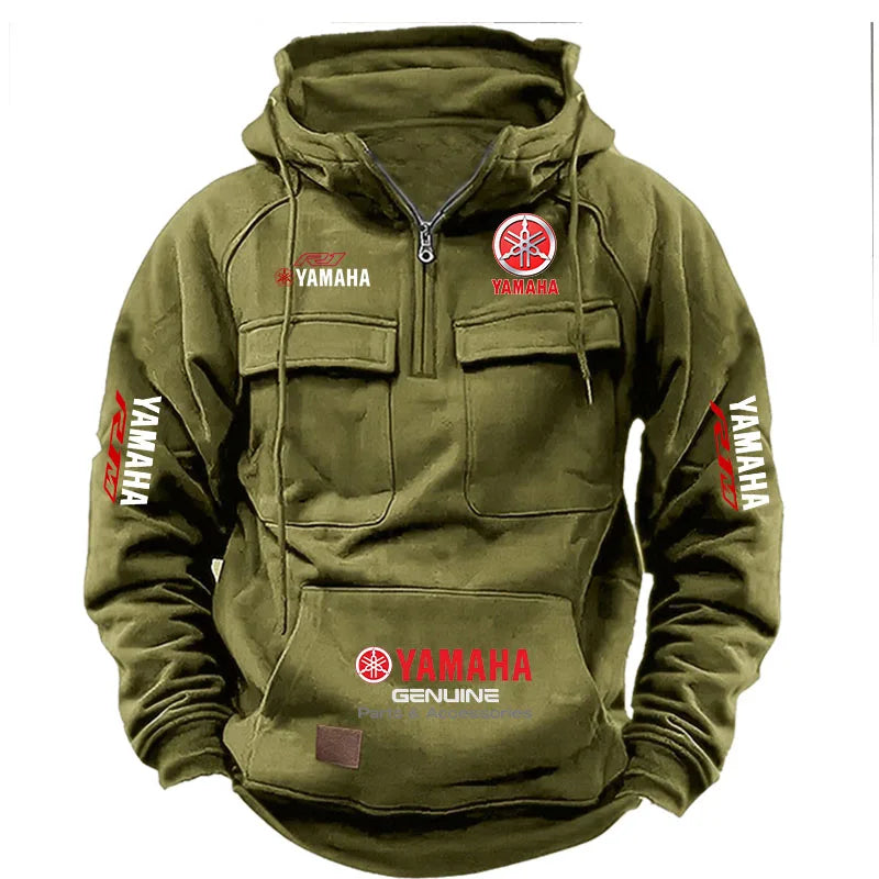 2026 New YAMAHA logo  Motorcycle Racing Race Retro Velvet Half Zipper Hoodie Men's Multi Pocket Autumn/Winter Casual Sweatshirt