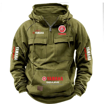 2026 New YAMAHA logo  Motorcycle Racing Race Retro Velvet Half Zipper Hoodie Men's Multi Pocket Autumn/Winter Casual Sweatshirt