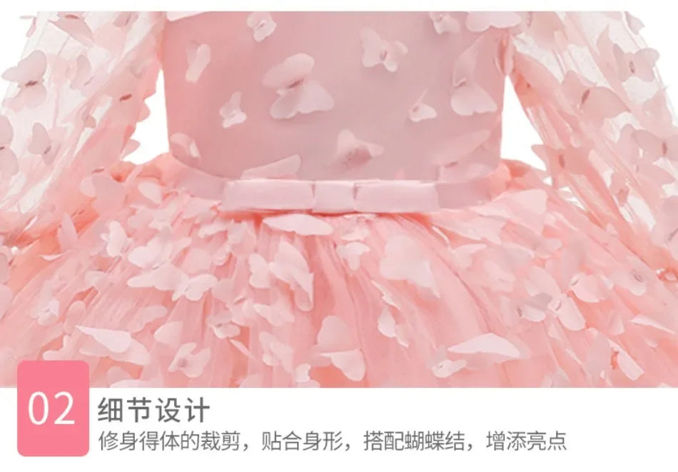 Kids Girl Princess Dress Toddler Long Sleeve Birthday Party Costume Butterfly Design Baby Girl Dress Summer Gauze Children Dress