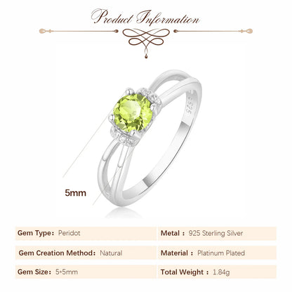Round Genuine Natural Peridot 925 Sterling Silver Solitaire Ring for Woman Gemstone elegant Jewelry Valentine's day gift