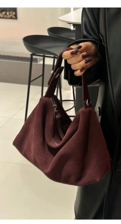 Fashion Autumn Winter Big Boston Tote Soft Matte Suede Cow Leather Women's Handbag Shoulder Crossbody Bag For Women Grey Brown