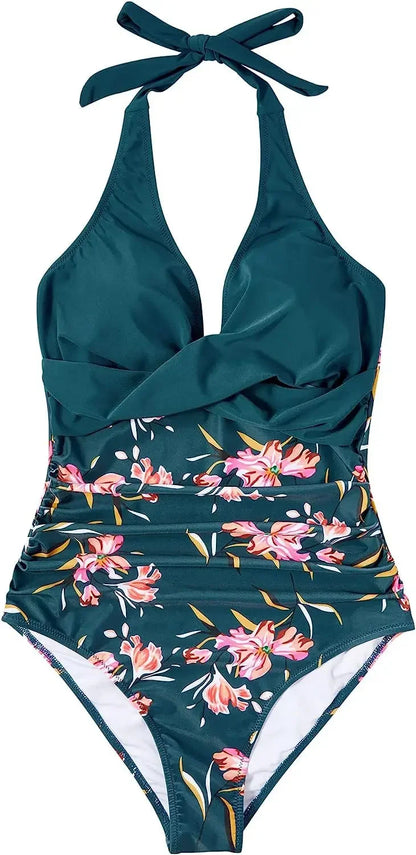 S - XXL Wrinkled Halter V Neck One Piece Swimsuit Women Swimwear Female Monokini Backless Bathing Suit Swim Beachwear Bodysuit