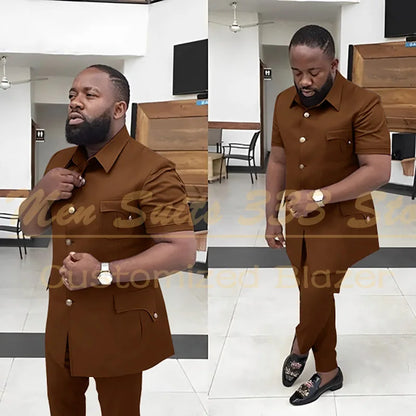Summer Men's Suits Solid Color Short Sleeve Single Breasted Stand Lapel Casual Outfits 2 Piece Jacket Pants Set Slim Fit Terno