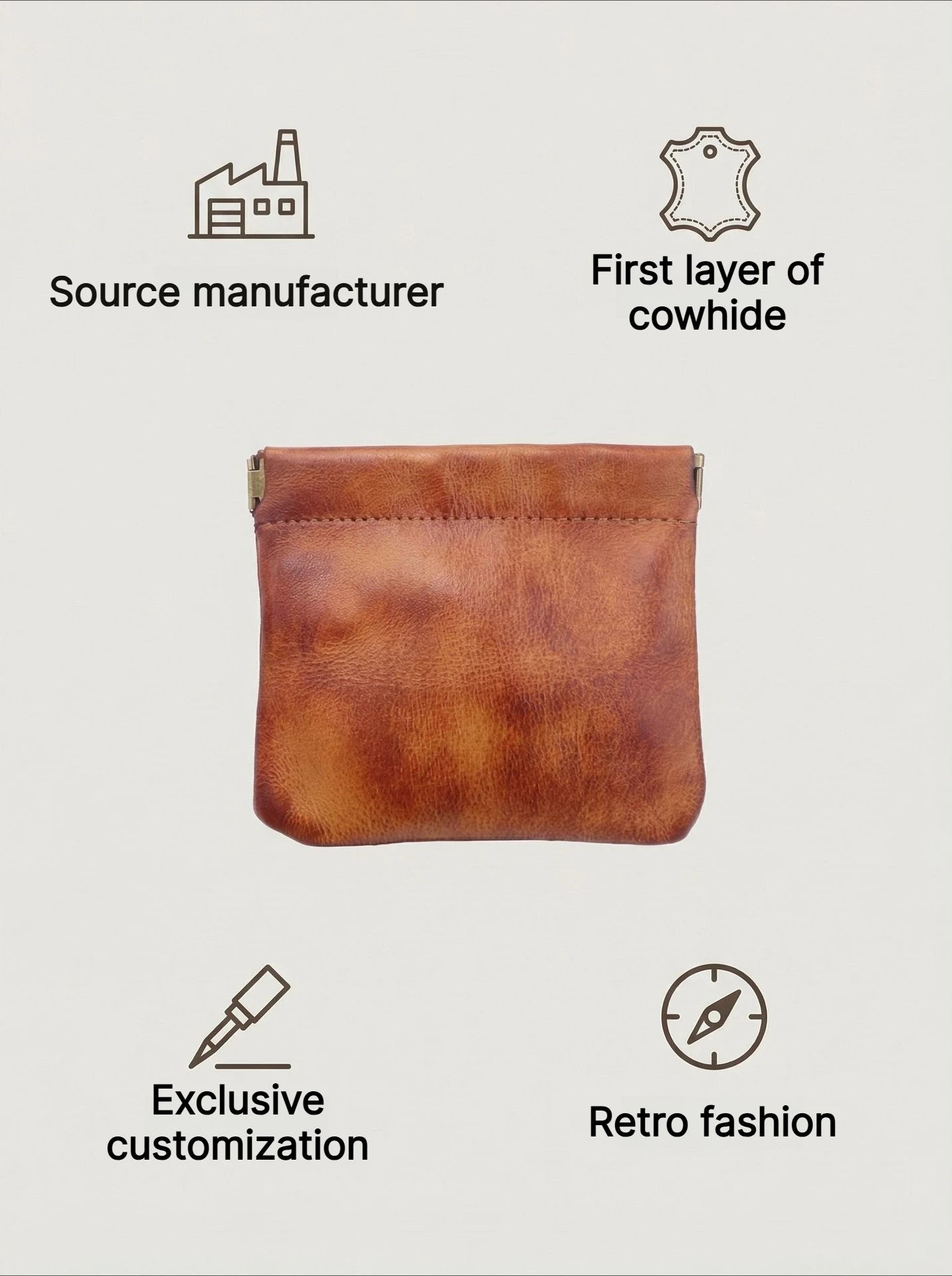 Full Grain Leather Vintage Organizer Bag Vegetable Tanned Cosmetic Pouch Magnetic Closure Coin Purse Custom Engraving