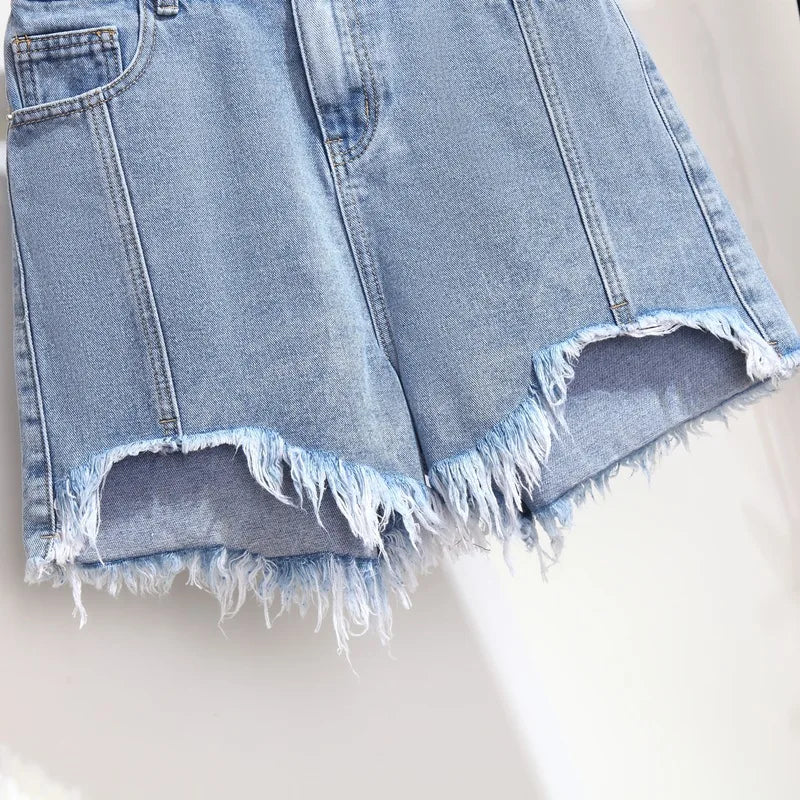 Summer High-waisted Denim Shorts Women Fur-trimmed Zipper Pocket 7XL Jeans Casual Fashion Loose Patchwork Short Pants
