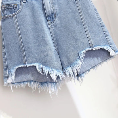 Summer High-waisted Denim Shorts Women Fur-trimmed Zipper Pocket 7XL Jeans Casual Fashion Loose Patchwork Short Pants