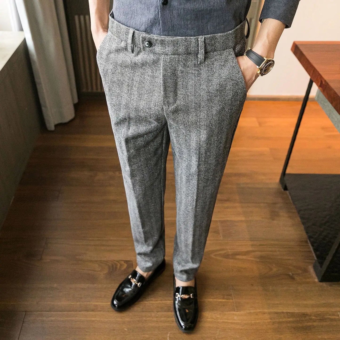 Woolen Dress Pants Formal Office Suit Pants Men Slim British Style Wool Business Black Gray Dress Trousers