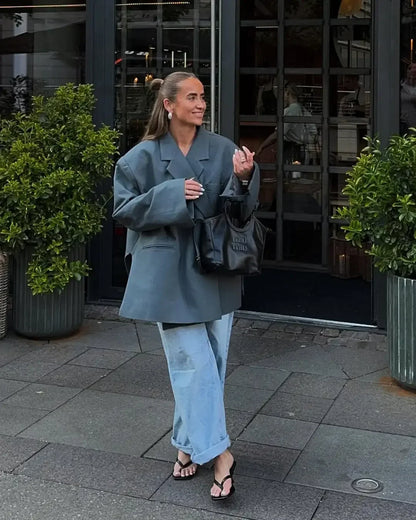 Chic Oversized Lapel Double Breasted Ruched Blazer Women 2026 Spring Khaki Elegant Puff Sleeve Casual Soft Daily Wear Outerwear