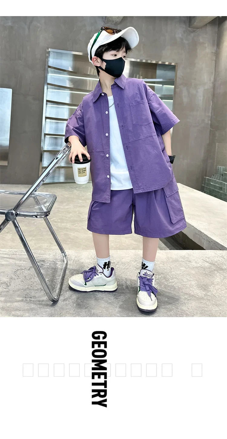 Kids New Summer Purple Suit for Boys Short Sleeve Shirt + Shorts 2 Pieces Clothes Set Children Loose Style Outfit Clothing Set