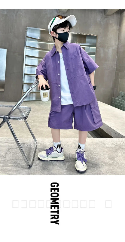 Kids New Summer Purple Suit for Boys Short Sleeve Shirt + Shorts 2 Pieces Clothes Set Children Loose Style Outfit Clothing Set