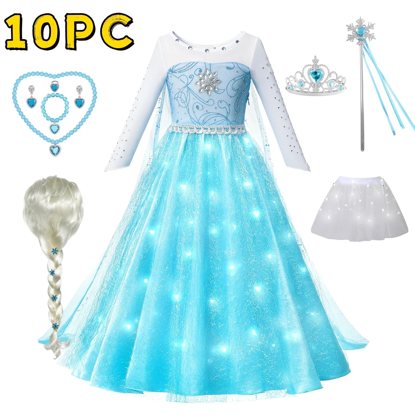 LED Girls Snow Kids Queen Costumes Girls Carnival Party Prom Gown Elsa Robe-Playing Children Princess Dress Birthday Dress