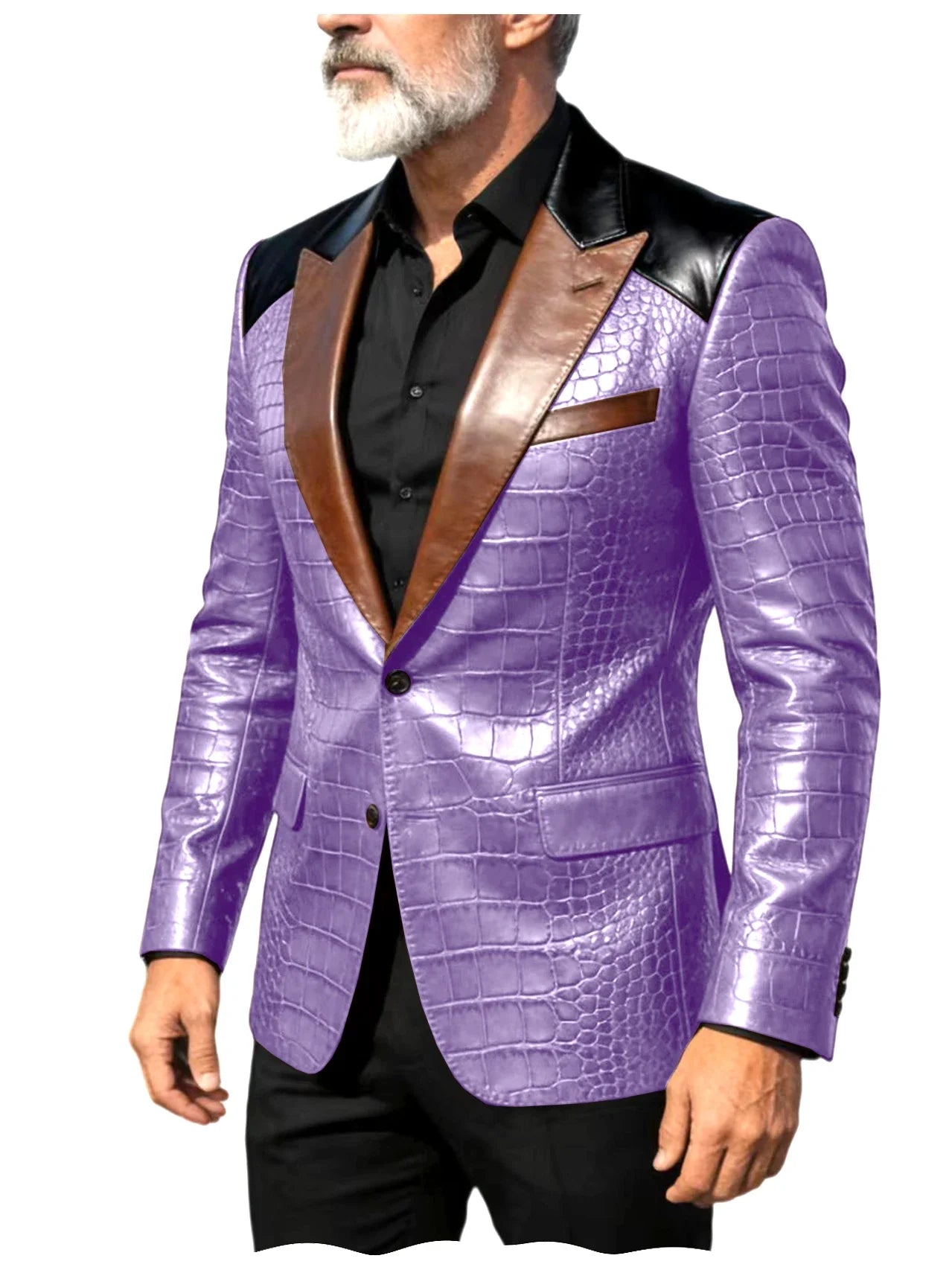 Men's Crocodile Embossed Leather Blazer Luxury Patchwork PU Leather Suit Jacket Slim Fit Peaked Lapel Casual Business Outerwear