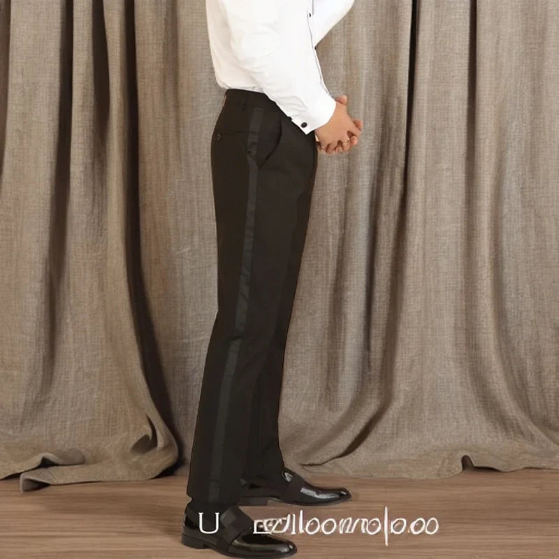 Black Men Suit Pants with Side Satin Stripe One Piece Slim Fit Formal Male Trousers Official Fashion Italian Style