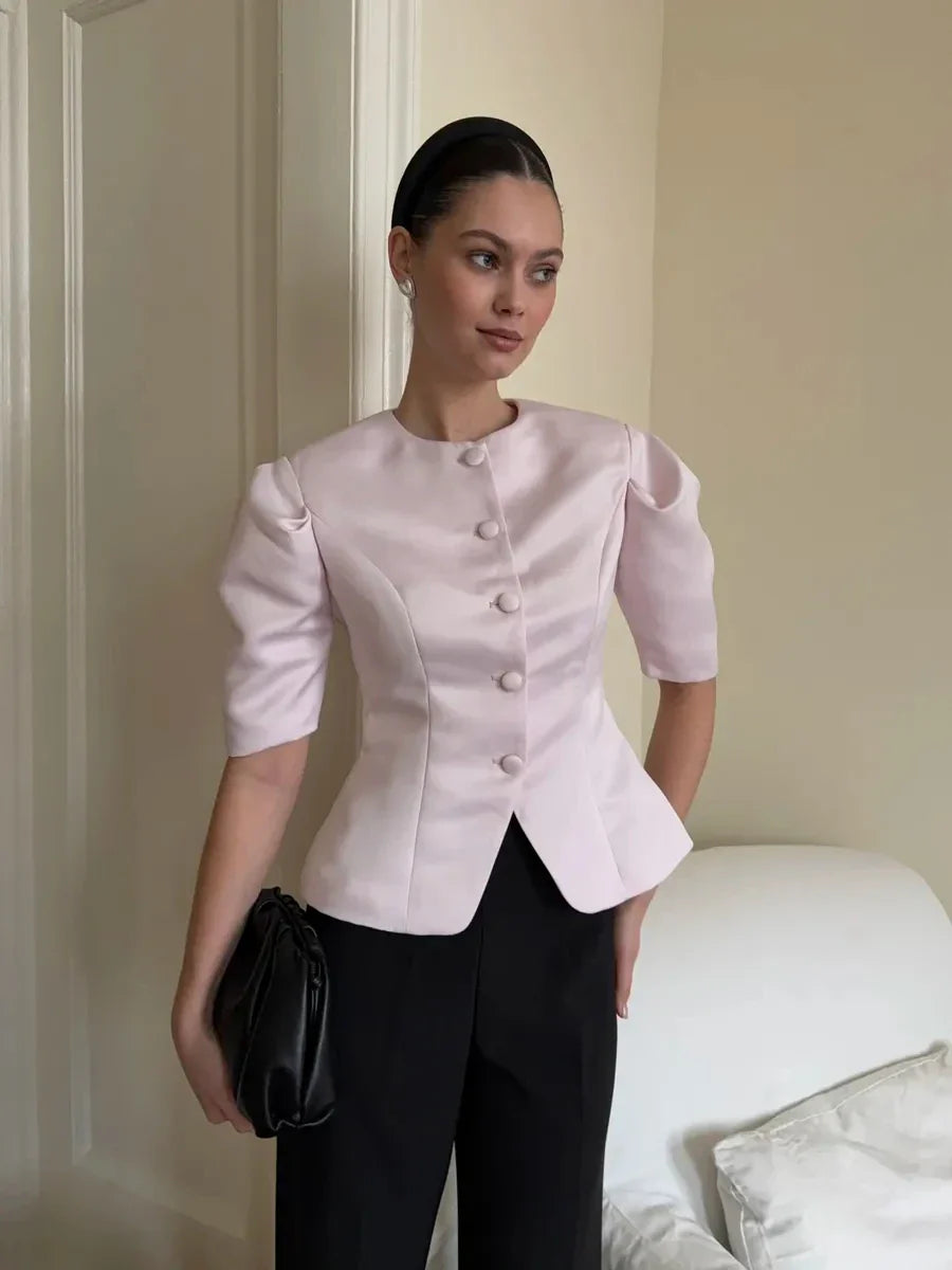 KT Elegant Satin Puff Sleeve Blouse for Women Round Neck Button Down Fitted Waist Asymmetric Hem Office & Formal Wear Tops