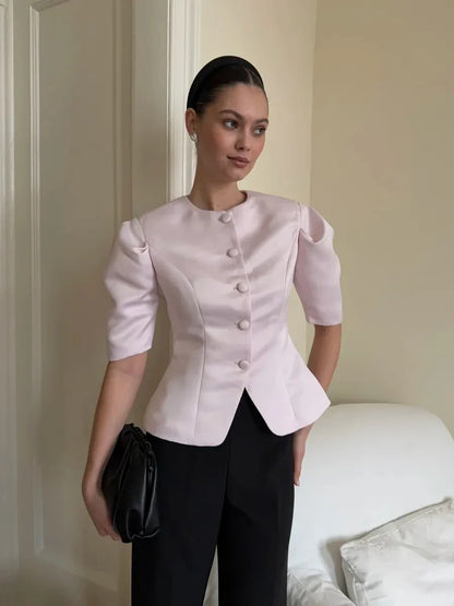 KT Elegant Satin Puff Sleeve Blouse for Women Round Neck Button Down Fitted Waist Asymmetric Hem Office & Formal Wear Tops