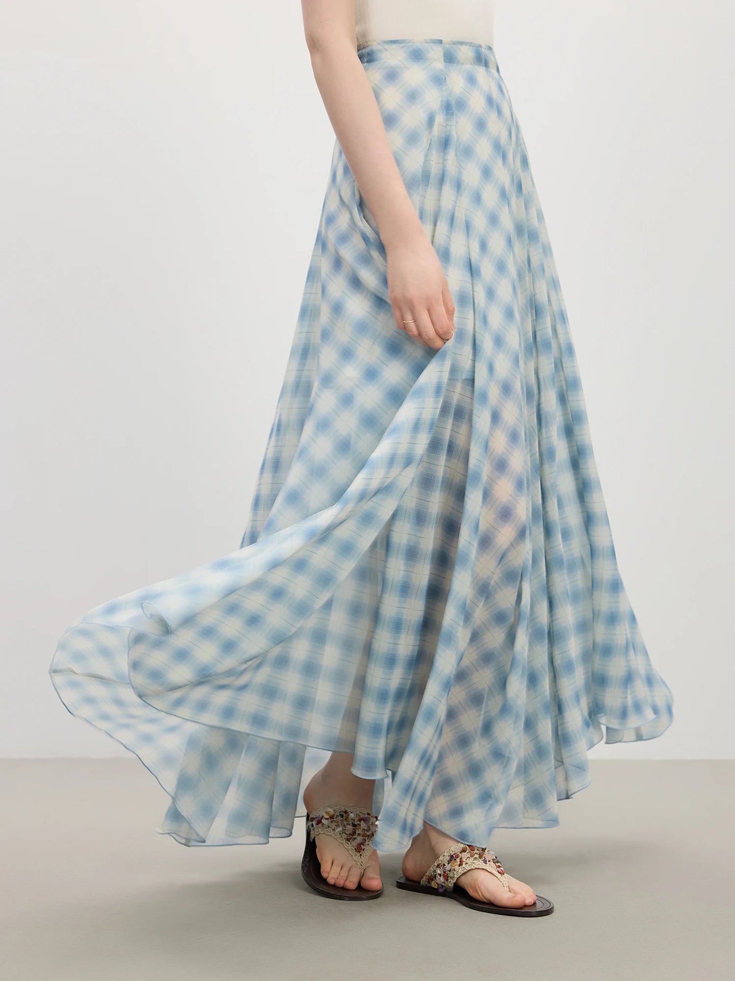 Women's Summer 2025 New Arrival Irregular A-line Hem Plaid Skirt Flowing Relaxed Fit Skirts 25FS12713