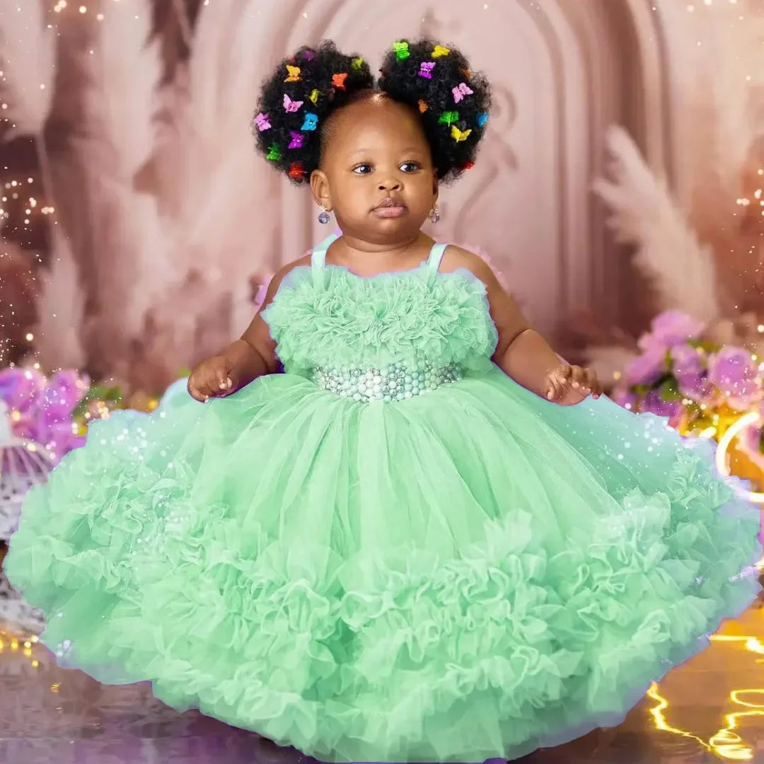 Customized Flower Girl Dress Purple Tulle Tiered Pearls Sleeveless For Wedding Birthday Party Banquet Prom Holy Communion Gown