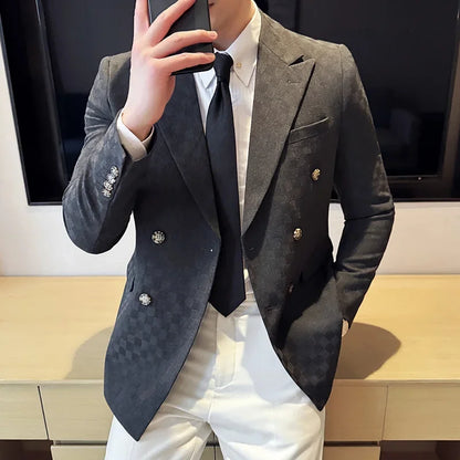 6 Color Fashion Double Breasted Plaid Suit Jacket Luxury Men Slim Fit Business Social Wedding Formal Suit Coats Plus Size 5XL-M