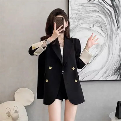 Black Casual Commuter Loose Fit Premium Suit Jacket Spring Autumn New Style Korean Version Fashionable Polyester Fiber Full Slee