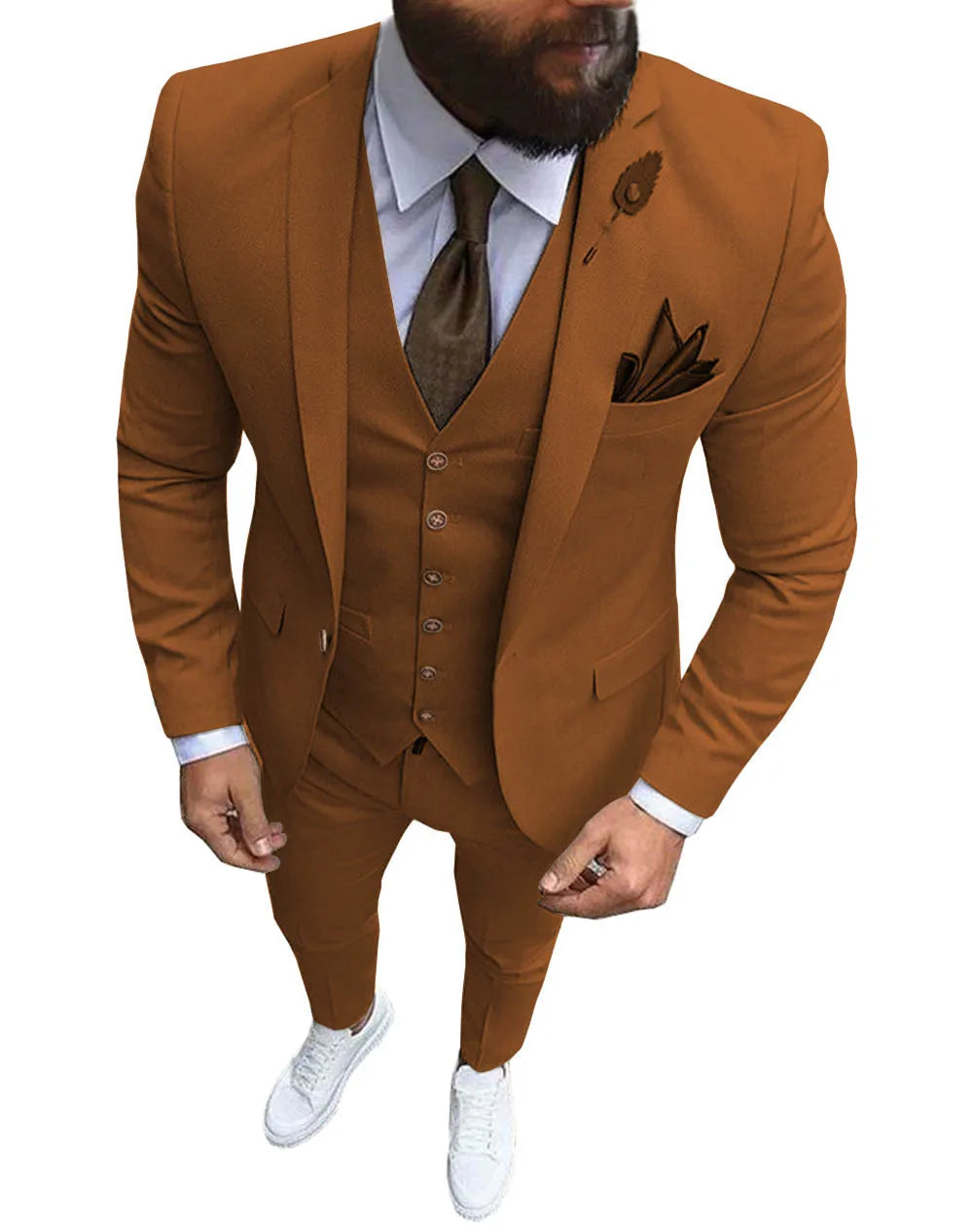 Khaki Men's Suits  Formal Business Notch Lapel Slim Fit Tuxedo Best Man Blazer For Wedding(Blazer+Vest+Pants)