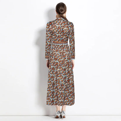 2024 Autumn New Women's European and American Versatile Waist and Slimming Letter Positioning Printed Dress A-line Long Dress