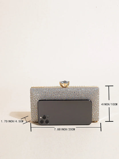 Classic Elegant Mini Square Rhinestone Decor Evening Clutch Bag, Clip Women's Dinner Wallet, Luxury Prom Bag