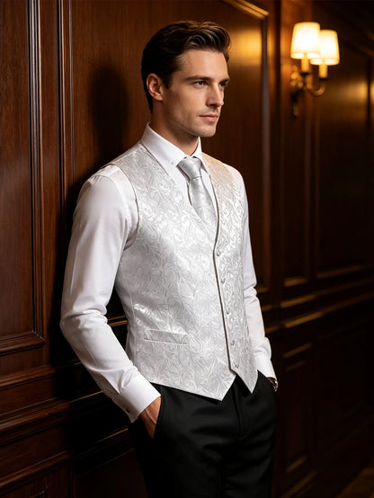 White Scroll Pattern V-Neck Waistcoat 4-In-1 Kit Tie Square Cufflinks For Bridal Shower Outdoor Wedding