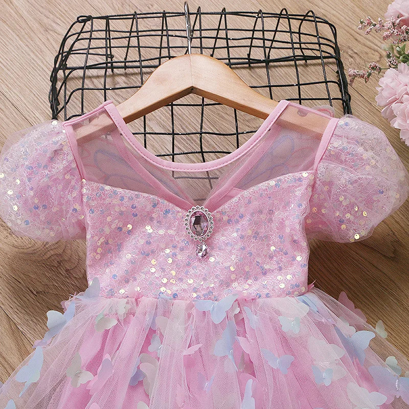 Baby Girls Butterfly Wings Fairy Gauze Princess Puff Sleeve Dress Lovely Kids Summer Tulle Dress Child Birthday Party Gown Dress
