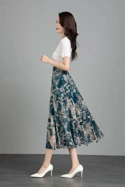 Women's Floral Print Chiffon Maxi Skirt High Waist A-line Casual Summer Skirt