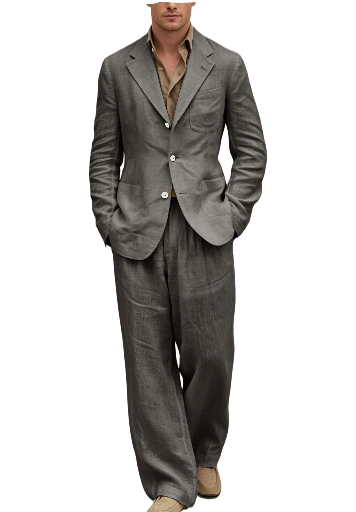 Men's Linen Suit 2 Pieces Set Casual Blazer & Wide Leg Pants Notch Lapel Breathable Wedding Business Party Jacket Tuxedo Summer
