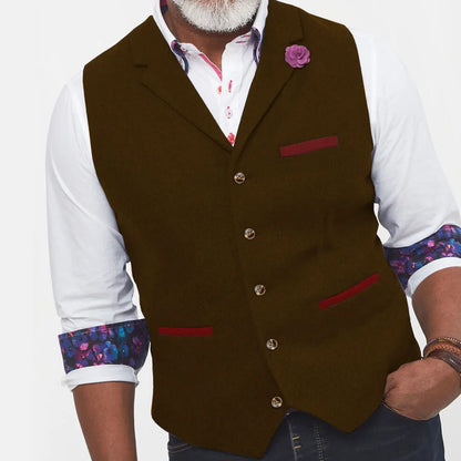 Men Vest Brown Herringbone With Lapel Single Button Waistcoat For Wedding Banquet Prom Business Work Casual Daily Men Suit Vest
