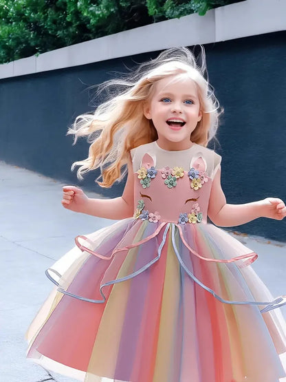 Dreamy Girl Embroidery Sleeveless Unicorn Mesh Princess Dress With Hair Hoop Wing For Kids Party Performance Birthday Gift 2-10T