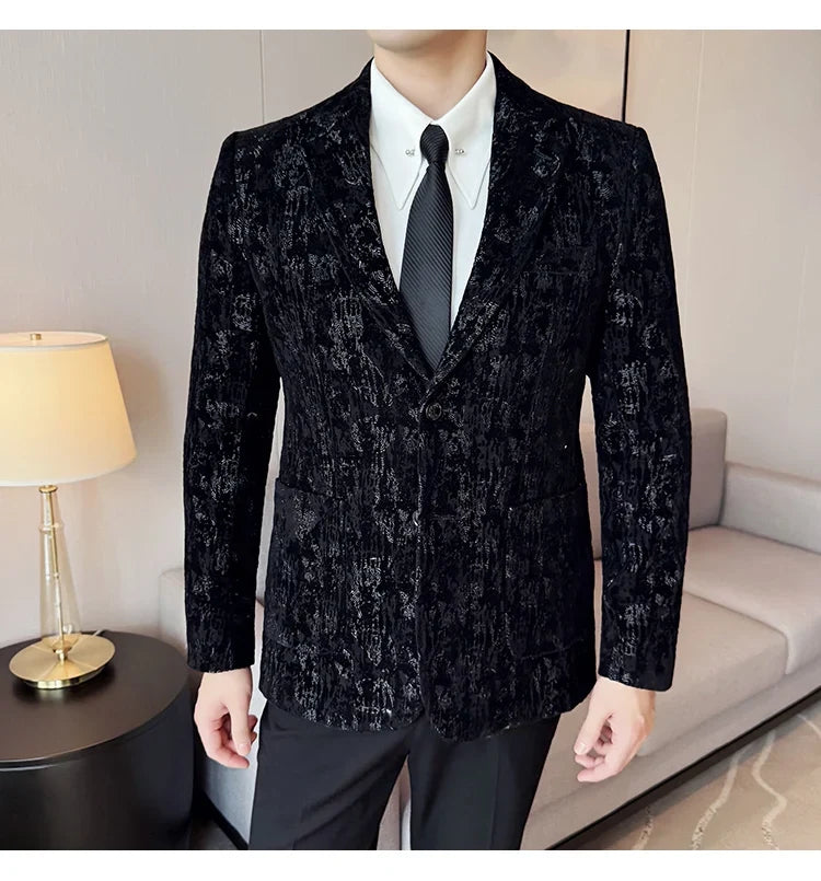 High Quality Plush Jacquard fashion Suit Jacket  Korean Version Slim Fit Business Retro Casual Social Wedding Suit Blazer 5XL-M