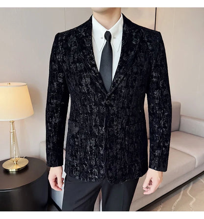 High Quality Plush Jacquard fashion Suit Jacket  Korean Version Slim Fit Business Retro Casual Social Wedding Suit Blazer 5XL-M