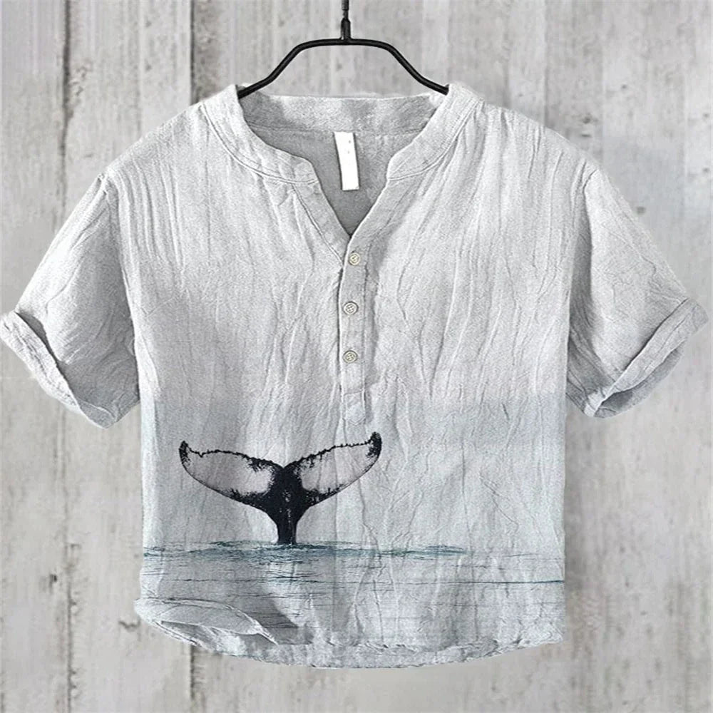 Men's short-sleeved POLO shirt blended linen top Hawaiian vacation great white shark fashion print Comfortable men's clothing