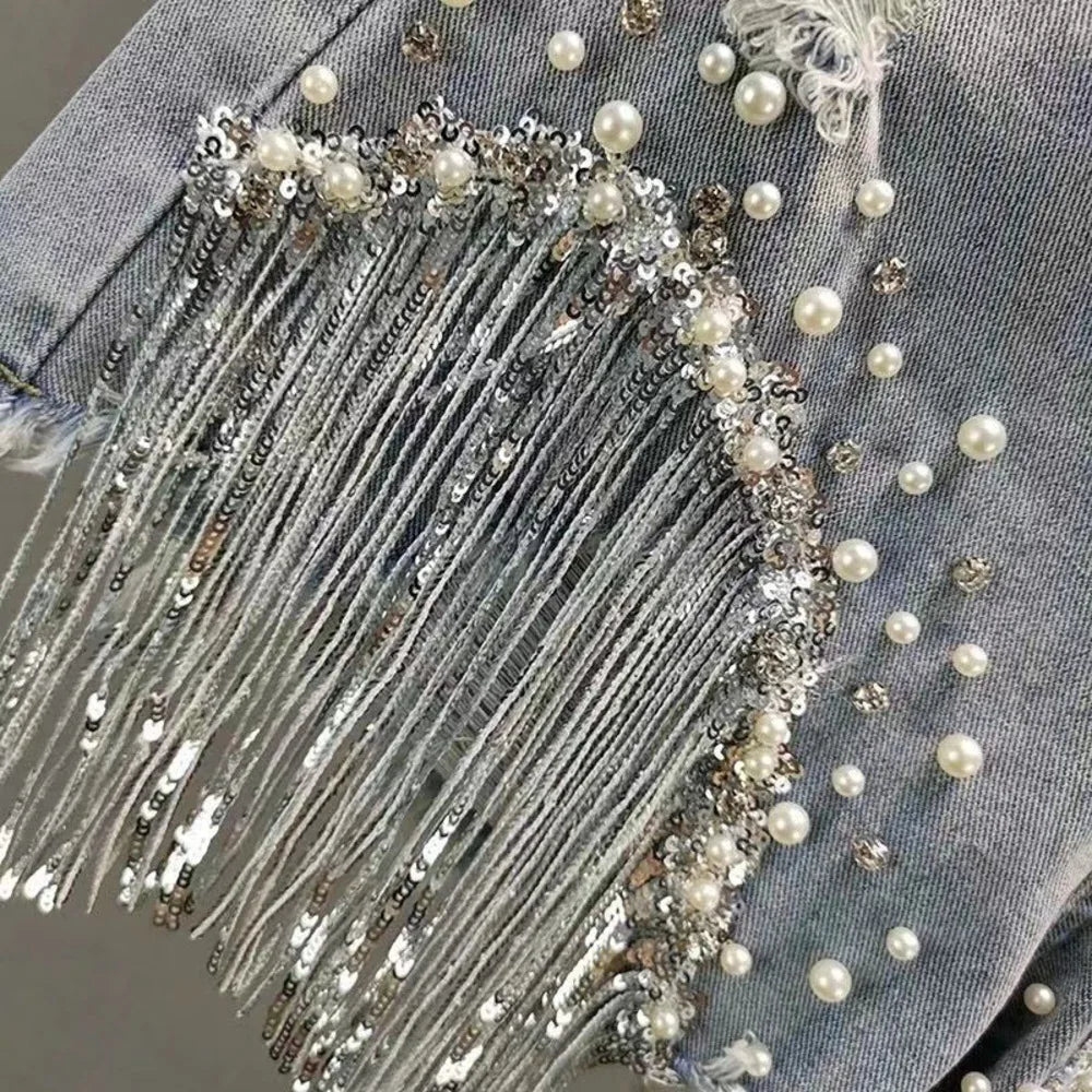 New 2026 Summer Women Heavy Beaded Rhinestone Shorts High Waist Sequin Tassel Ripped Wide Leg Hot Pants