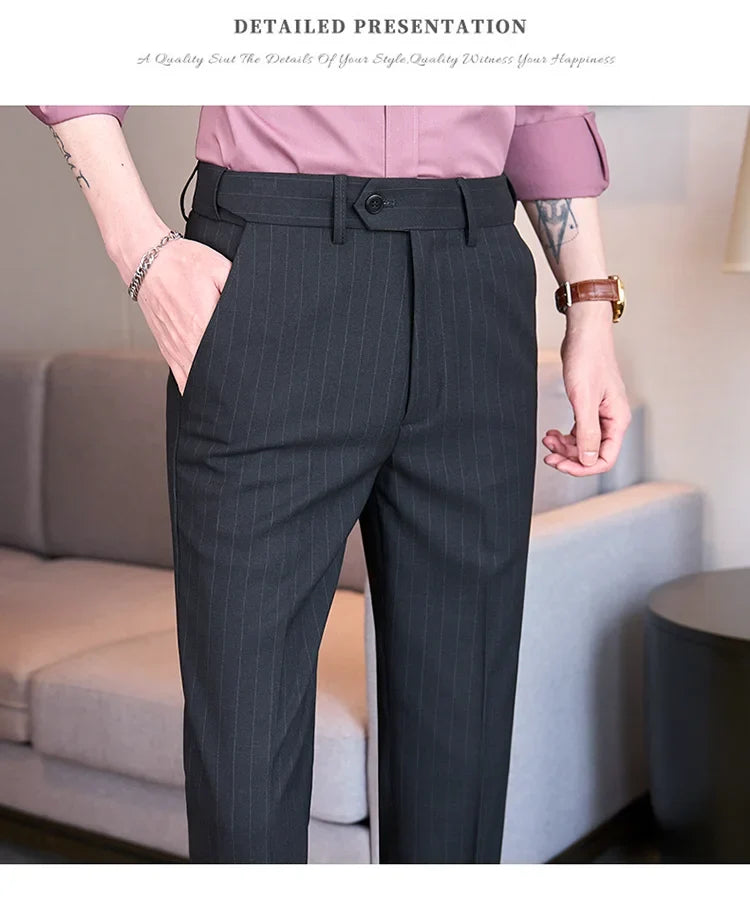 Men's Elastic Waist Striped Suit Pants 2025 New Social Casual Trousers Slim Fit Suit Pants Business Office Wedding Men Clothing