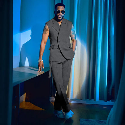 2025 Summer Hot 2 Pieces Jacket Pants Single Breasted Notch Collar High Quality Business Male Clothing Sleeveless Fashion