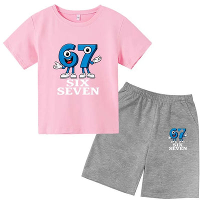 67 Funny Cartoon Number Print Kids Summer Casual 2PCS Breathable Tees+Short Pants Suits 2-13 Years Boys Girls Fashion Clothes
