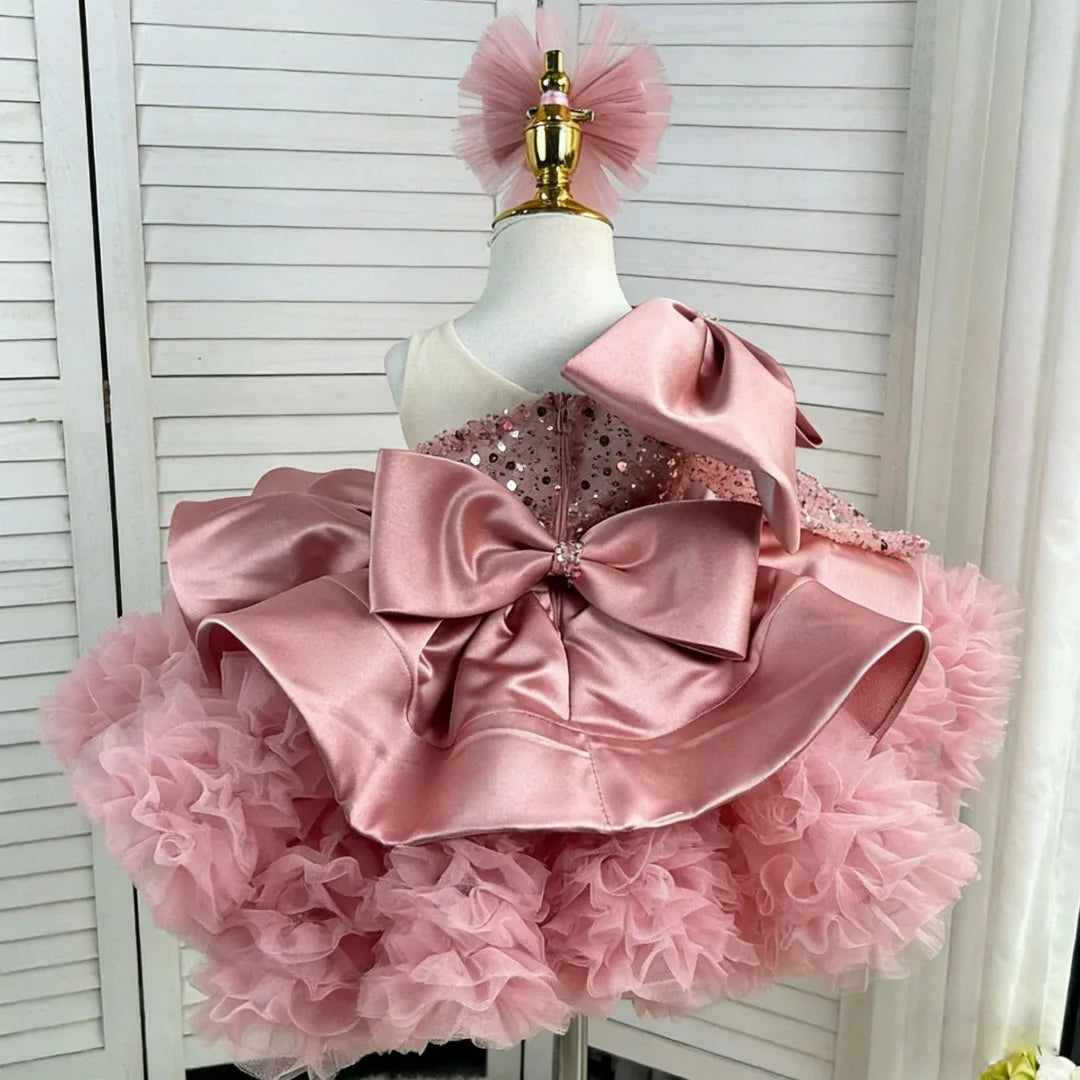 Customized Flower Girl Dresses Dusty Pink Sequin Satin Tulle With Bow For Wedding Birthday Party Prom Evening Banquet Ball Gown