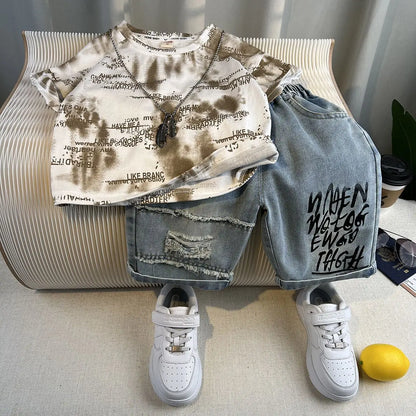 Korean Children's Summer Clothes Kids Set Outfits Boys 2026 Handsome Sleeveless&Short Sleeved T-shirt Denim Shorts 2-piece Set