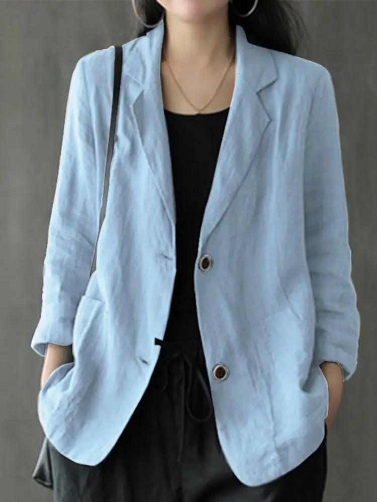 Women Lapel Neck Long Sleeve Blazer Autumn Vintage Casual Solid Cotton Blazer Elegant Cardigan Thin Coats Work Suits