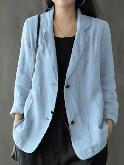Women Lapel Neck Long Sleeve Blazer Autumn Vintage Casual Solid Cotton Blazer Elegant Cardigan Thin Coats Work Suits