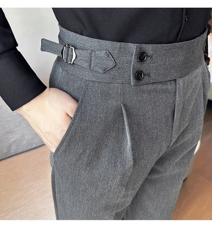 Autumn Winter High Waist Business Dress Pants Men Casual Belt Design Slim Suit Pants Formal Wedding Social Party Male Trousers
