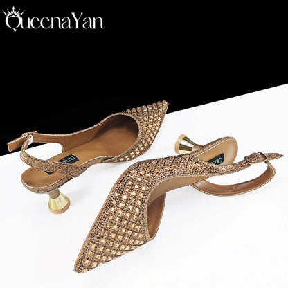 Coffee Color Elegant Lady Shoes And Bag Set with Full Rhinestone Embellished Pearls-knot And Comfortable Heel