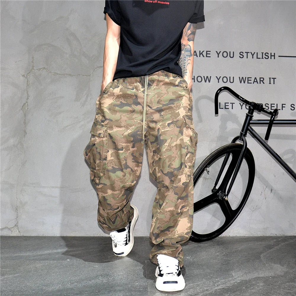 Heavy weight Tactical Cargo Pants For Men Vintage Camo Multi-Pocket Loose Fit Straight Leg Outdoor Streetwear Casual Trousers