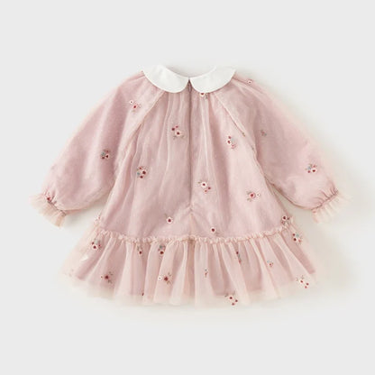 Mesh Floral Princess Dress Girls Baby Children 2025 New Autumn Sweet Charm Pink Fashion Long Sleeved Dress DB3242681